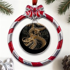 Fantasy Dragon Pentagram Metal Red Ribbon Round Ornament