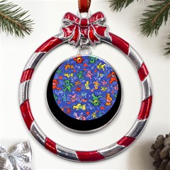 Grateful Dead Bears Pattern Metal Red Ribbon Round Ornament by Cendanart