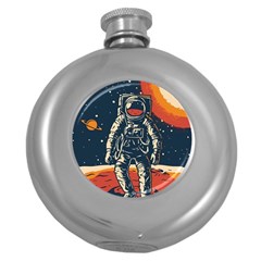 Vintage Retro Space Posters Astronaut Round Hip Flask (5 Oz) by Sarkoni