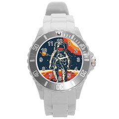 Vintage Retro Space Posters Astronaut Round Plastic Sport Watch (l) by Sarkoni