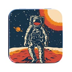 Vintage Retro Space Posters Astronaut Square Metal Box (black) by Sarkoni