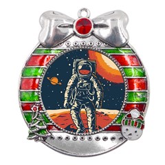 Vintage Retro Space Posters Astronaut Metal X mas Ribbon With Red Crystal Round Ornament by Sarkoni