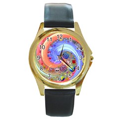 Swirl Vortex Emoji Cyclone Motion Round Gold Metal Watch by Paksenen