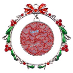 Love Hearts Valentine Red Symbol Metal X mas Wreath Ribbon Ornament by Paksenen