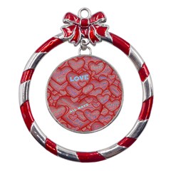 Love Hearts Valentine Red Symbol Metal Red Ribbon Round Ornament by Paksenen