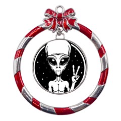 Alien Ufo Metal Red Ribbon Round Ornament