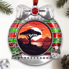 Tree Lake Bird Metal X mas Ribbon With Red Crystal Round Ornament by Bedest