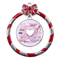 Heart Love Minimalist Design Metal Red Ribbon Round Ornament