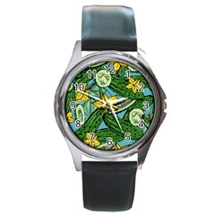 Seamless Pattern With Cucumber Slice Flower Colorful Hand Drawn Background With Vegetables Wallpaper Round Metal Watch by Ket1n9