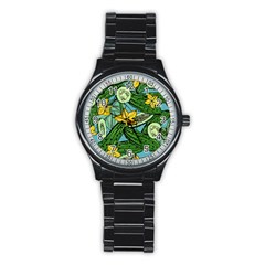 Seamless Pattern With Cucumber Slice Flower Colorful Hand Drawn Background With Vegetables Wallpaper Stainless Steel Round Watch by Ket1n9