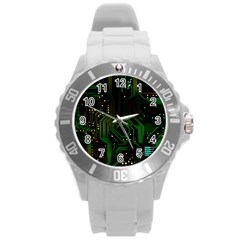 Circuits Circuit Board Green Technology Round Plastic Sport Watch (l) by Ndabl3x