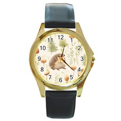 Hedgehog Mushroom Round Gold Metal Watch by Ndabl3x