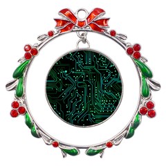 Circuits Circuit Board Green Metal X mas Wreath Ribbon Ornament by Ndabl3x