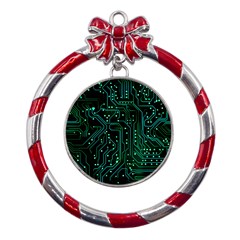 Circuits Circuit Board Green Metal Red Ribbon Round Ornament by Ndabl3x