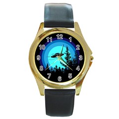 Ufo Alien Night Sky Night Round Gold Metal Watch by Cendanart