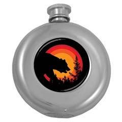 Forest Bear Silhouette Sunset Round Hip Flask (5 Oz) by Cendanart