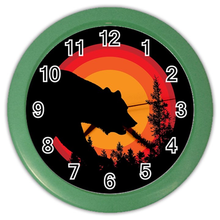 Forest Bear Silhouette Sunset Color Wall Clock