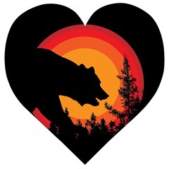 Forest Bear Silhouette Sunset Wooden Puzzle Heart by Cendanart