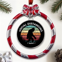 Monster Yeti Social Distance Monkey Metal Red Ribbon Round Ornament by Cendanart