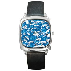 Storm Waves Seamless Pattern Raging Ocean Water Sea Wave Vintage Japanese Storms Print Illustration Square Metal Watch by Ket1n9