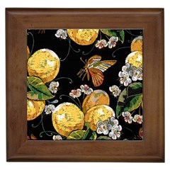 Embroidery Blossoming Lemons Butterfly Seamless Pattern Framed Tile by Ket1n9