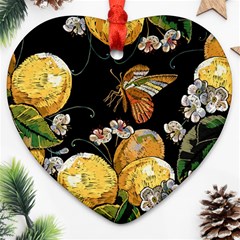 Embroidery Blossoming Lemons Butterfly Seamless Pattern Heart Ornament (two Sides) by Ket1n9