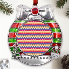 Zigzag Pattern Seamless Zig Zag Background Color Metal X mas Ribbon With Red Crystal Round Ornament by Ket1n9