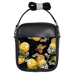 Embroidery Blossoming Lemons Butterfly Seamless Pattern Girls Sling Bag by Ket1n9