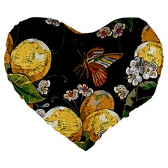 Embroidery Blossoming Lemons Butterfly Seamless Pattern Large 19  Premium Heart Shape Cushions by Ket1n9