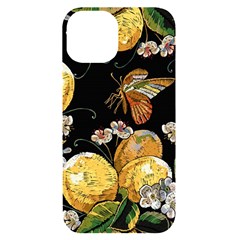 Embroidery Blossoming Lemons Butterfly Seamless Pattern Iphone 14 Black Uv Print Case by Ket1n9