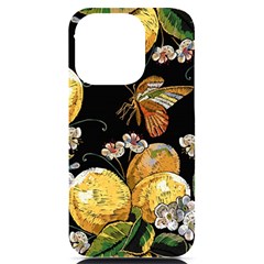 Embroidery Blossoming Lemons Butterfly Seamless Pattern Iphone 14 Pro Black Uv Print Case by Ket1n9