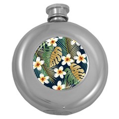 Seamless Pattern With Tropical Strelitzia Flowers Leaves Exotic Background Round Hip Flask (5 Oz) by Ket1n9