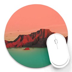 Brown Mountain Illustration Sunset Digital Art Mountains Round Mousepad by Cendanart