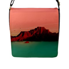 Brown Mountain Illustration Sunset Digital Art Mountains Flap Closure Messenger Bag (l) by Cendanart