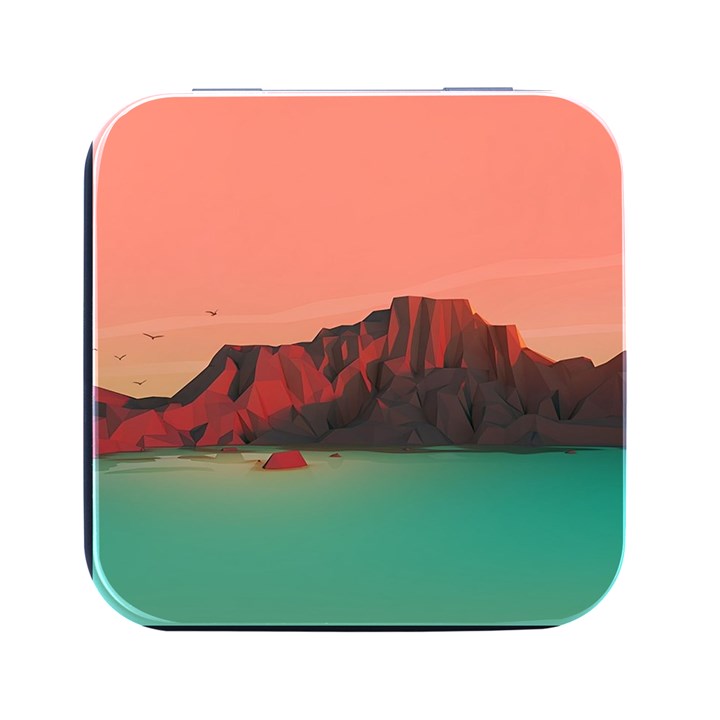 Brown Mountain Illustration Sunset Digital Art Mountains Square Metal Box (Black)