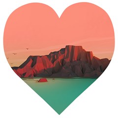 Brown Mountain Illustration Sunset Digital Art Mountains Wooden Puzzle Heart by Cendanart