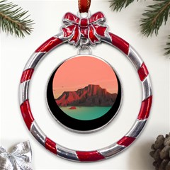 Brown Mountain Illustration Sunset Digital Art Mountains Metal Red Ribbon Round Ornament by Cendanart