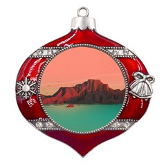 Brown Mountain Illustration Sunset Digital Art Mountains Metal Snowflake And Bell Red Ornament by Cendanart