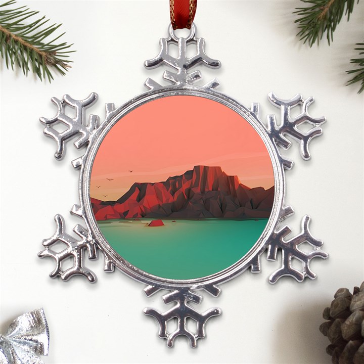 Brown Mountain Illustration Sunset Digital Art Mountains Metal Large Snowflake Ornament