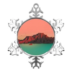 Brown Mountain Illustration Sunset Digital Art Mountains Metal Small Snowflake Ornament by Cendanart