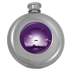 Ufo Illustration Style Minimalism Silhouette Round Hip Flask (5 Oz) by Cendanart