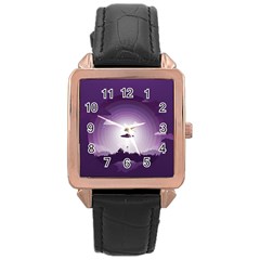 Ufo Illustration Style Minimalism Silhouette Rose Gold Leather Watch  by Cendanart