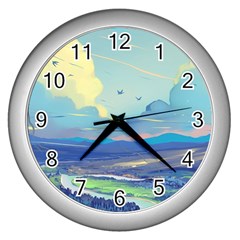 Mountains And Trees Illustration Painting Clouds Sky Landscape Wall Clock (silver) by Cendanart