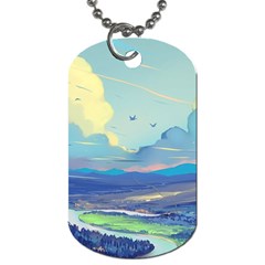 Mountains And Trees Illustration Painting Clouds Sky Landscape Dog Tag (one Side) by Cendanart