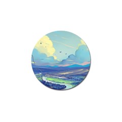 Mountains And Trees Illustration Painting Clouds Sky Landscape Golf Ball Marker by Cendanart