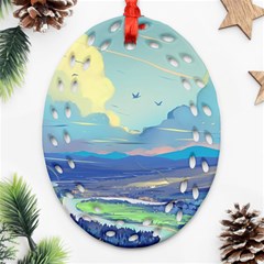 Mountains And Trees Illustration Painting Clouds Sky Landscape Oval Filigree Ornament (two Sides) by Cendanart