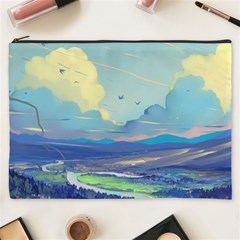 Mountains And Trees Illustration Painting Clouds Sky Landscape Cosmetic Bag (xxxl)