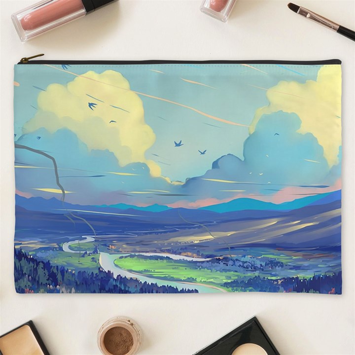 Mountains And Trees Illustration Painting Clouds Sky Landscape Cosmetic Bag (XXXL)