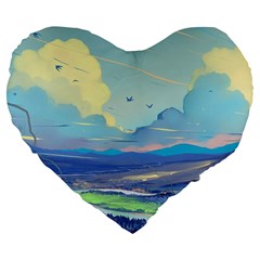 Mountains And Trees Illustration Painting Clouds Sky Landscape Large 19  Premium Heart Shape Cushions by Cendanart