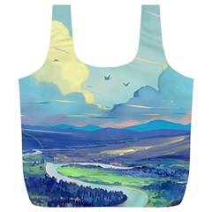 Mountains And Trees Illustration Painting Clouds Sky Landscape Full Print Recycle Bag (xl) by Cendanart